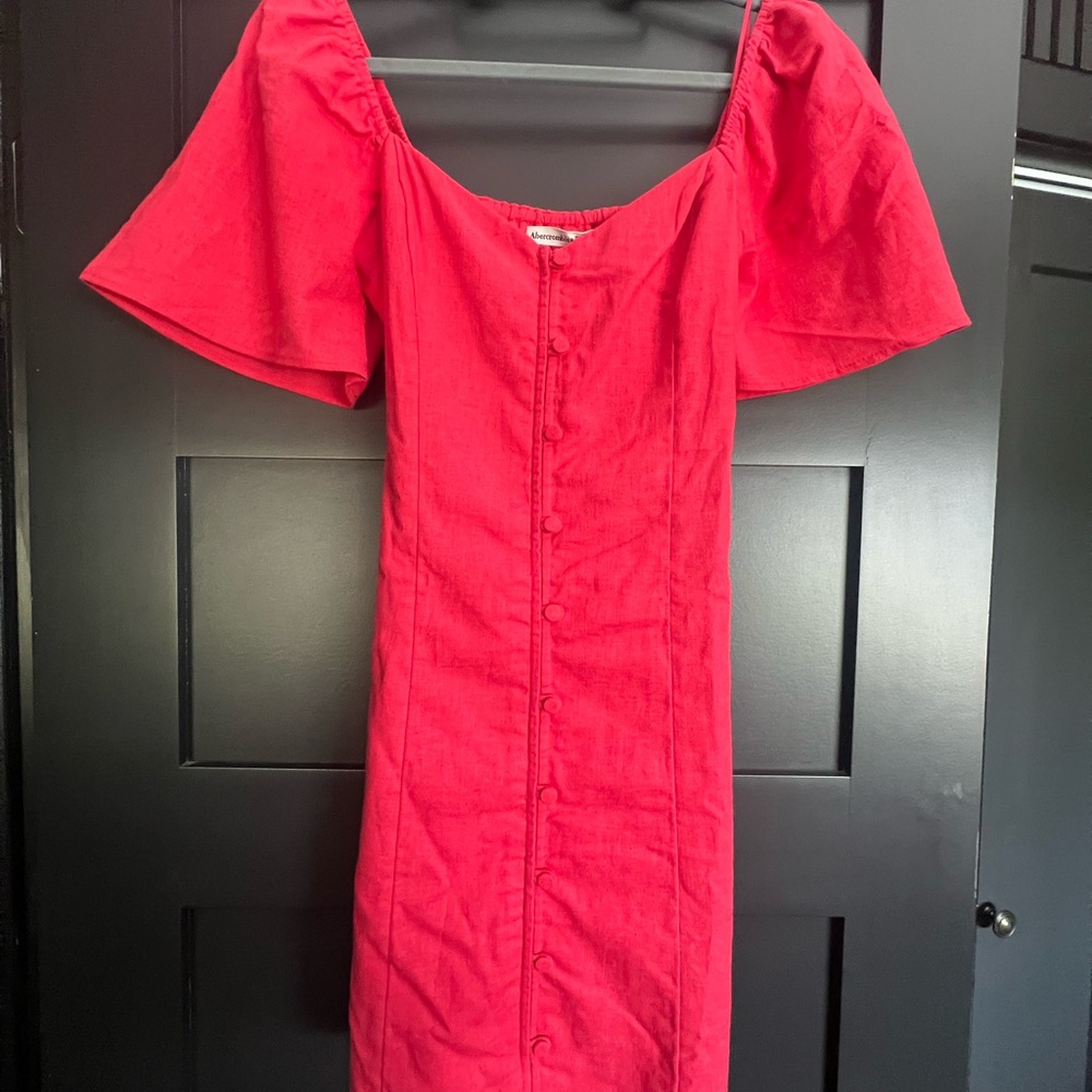 Abercrombie & Fitch Red Button-Front Puff Sleeve Midi Dress
